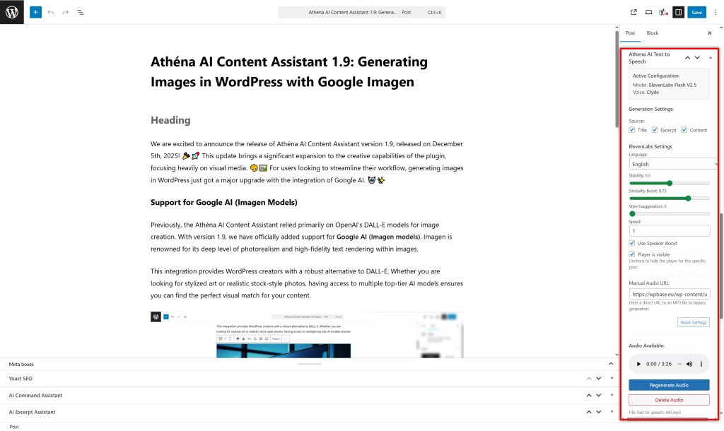 Athéna AI - Text to Speech - WordPress Meta box